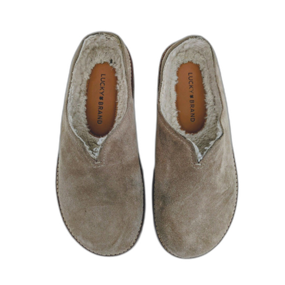 Women's Lucky Brand Tan Brown Suede Winter Slip On Sherpa Clogs Size 7W - Picture 1 of 5
